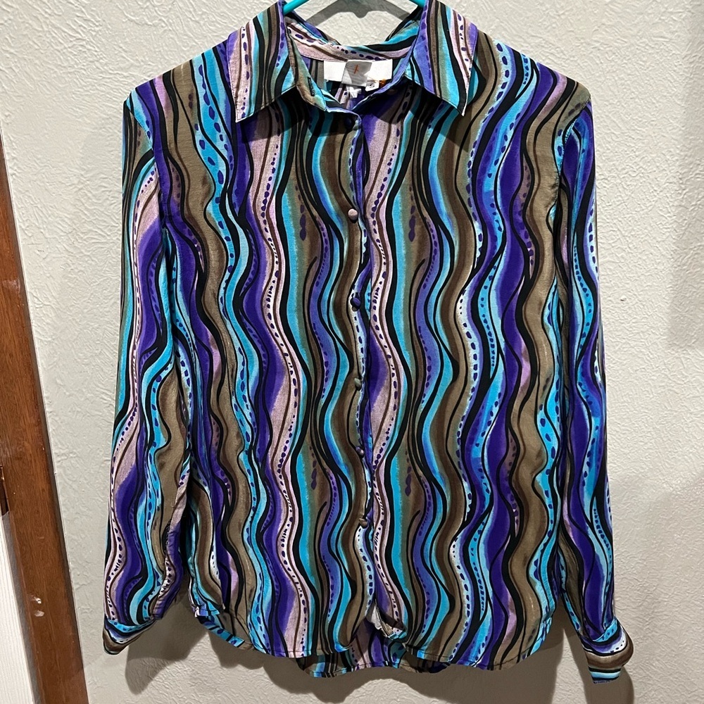 Vibrant Wave Pattern Women's Button Down Shirt 100% Silk Funky Fun EUC Size S